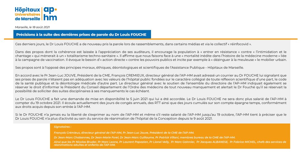 Précisions à la suite des dernières prises de parole du Dr Louis FOUCHÉ