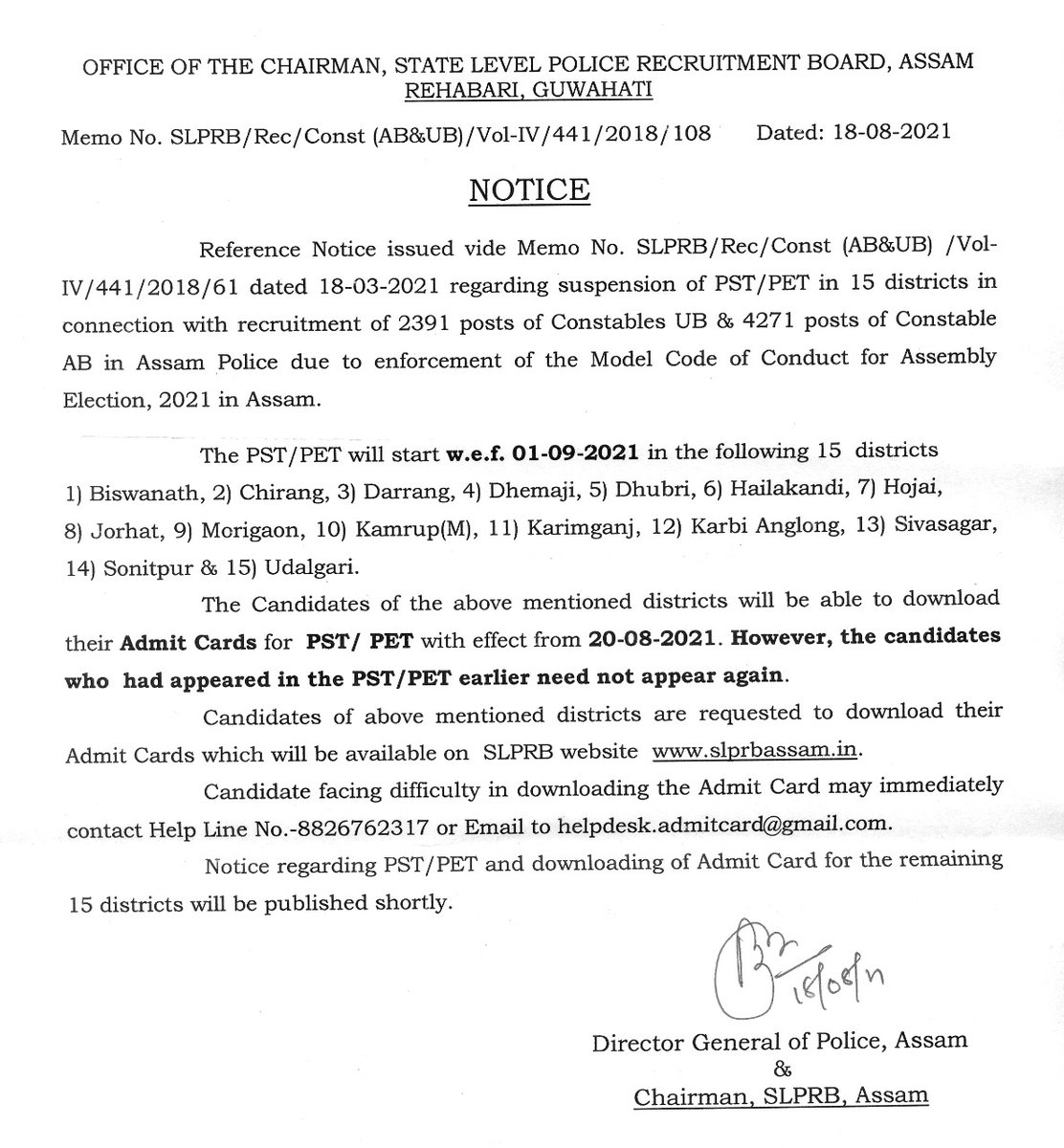 DGPAssamPolice's tweet photo. ৬৬৬২ (AB/UB) টা কনিষ্টবল পদৰ বাবে PST/PET অহা ০১.০৯.২০২১ তাৰিখৰ পৰা আৰম্ভ হ'ব। আমি ১৫খন জিলাৰ পৰা এই প্ৰক্ৰিয়া আৰম্ভ কৰিম। 
ইয়াৰ বাবে প্ৰাৰ্থীসকলে ২০.০৮.২০২১ তাৰিখৰ পৰা প্ৰবেশপত্ৰ download কৰিব পাৰিব।
সবিশেষ জানিবৰ বাবে সন্নিবিষ্ট জাননী খন পঢ়িবলৈ অনুৰোধ জনালো। https://t.co/5CVyL4603n