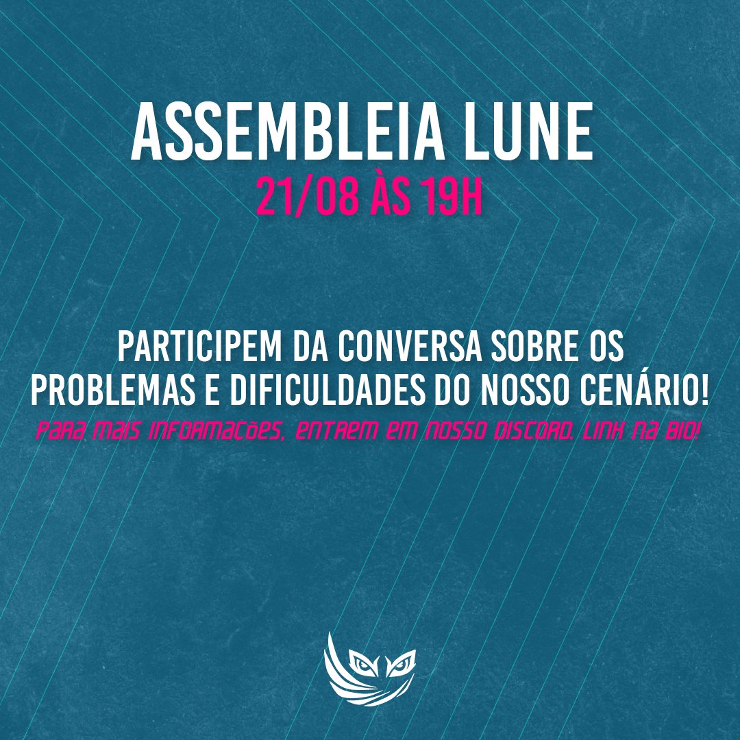 A ajuda que você precisava está chegando! 🤓

A LUNE vai realizar uma assembleia para ajudar o cenário universitário. 🔥

🗓️ Sábado, 21/08, às 19h

Entre no nosso discord para mais informações: discord.com/invite/ZE5yKUu…

Anote na sua agenda e venha participar. 🤗