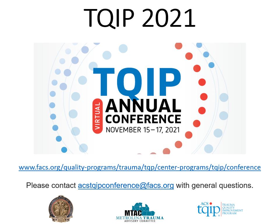 MetrolinaTrauma's tweet photo. Time to register for #TQIP2021! The conf is virtual so easy access to all who want to learn #TraumaCenter #PerformanceImprovement best practices!
https://t.co/IPbwq00Yx6
#TraumaEducation #MetrolinaTrauma #SoMe4Trauma #TraumaSurgery #PediatricTrauma #TraumaPI #TraumaRegistry https://t.co/TxsRwWYPNk