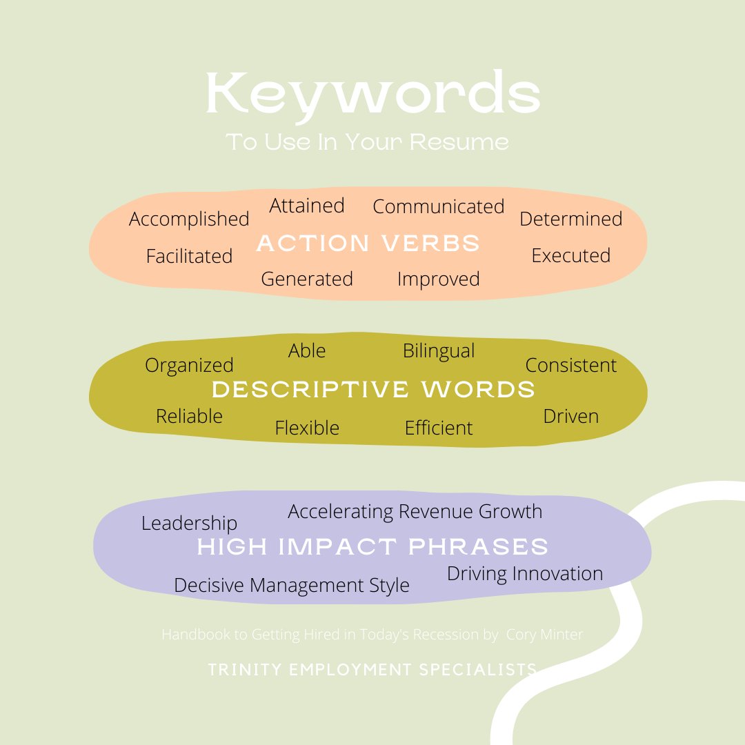 TrinityStaffing's tweet photo. Keywords can be impressionable on recruiters or anyone interesting in hiring you, so make sure to use them. Let someone proofread your resume while you're at it.

#keywords #resume #actionverbs #descriptivewords #highimpactphrases https://t.co/FfgctI3EEb