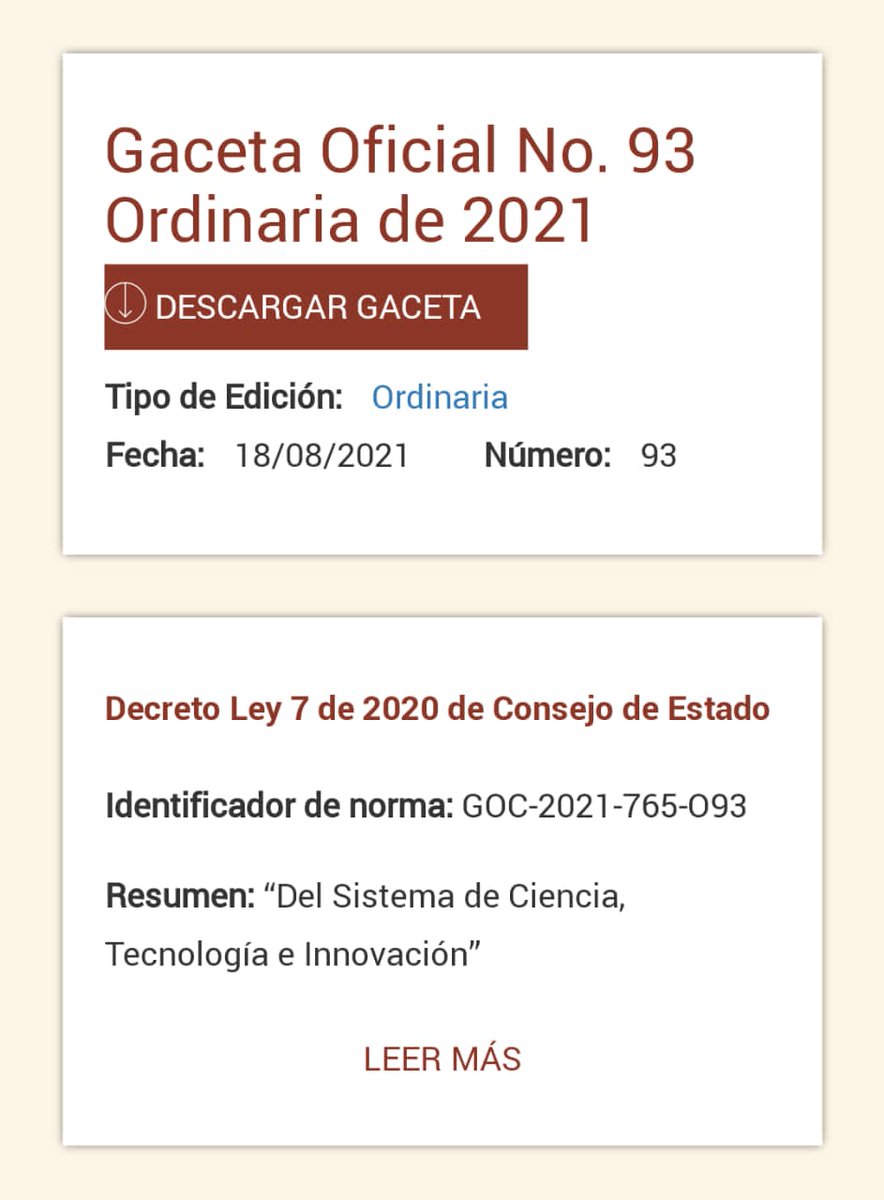 Publicada hoy #GacetaOficial93 con el #DecretoLey7 que respalda  la actualización del SCTI en #Cuba, agradecemos a @CubaMinjus demás organismos, científicos y  expertos por decisiva participación para lograr este resultado. <a href="/DiazCanelB/">Miguel Díaz-Canel Bermúdez</a> <a href="/InesMChapman/">Inés María Chapman Waugh</a> @OscarCubaMinjus <a href="/citmacuba/">Ministerio de Ciencia, Tecnología y Medio Ambiente</a>