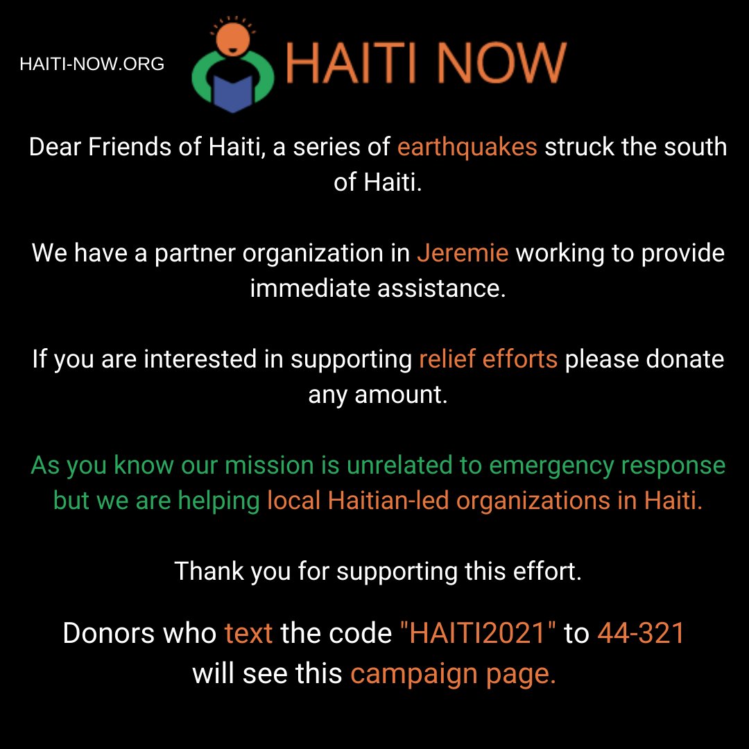 HaitiNowOrg's tweet photo. If you are interested in #supporting #relief efforts please #donate any amount. #Donors who text the code "HAITI2021" to 44-321 will see this campaign page.
#Haiti #Haitian #Ayiti #haitiearthquake2021 #HaitiNowOrg https://t.co/eRAbQAshpH