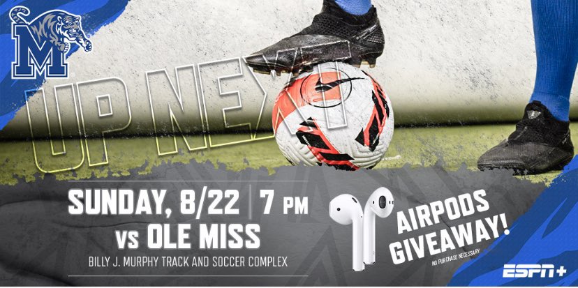 MemphisBlueCrew's tweet photo. Come support our soccer team while they play against Ole Miss this Sunday at 7pm! Be there for a chance to win some AirPods! https://t.co/DN7b2ymuiv
