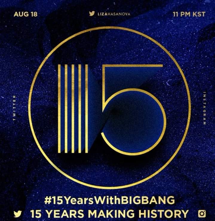 Happy 15th anniversary with BIGBANG 🎉🎉🎂
Thanks for your today BIGBANG15th with us 💌
Love the moments forever too💛

15YearsWithBIGBANG
#BIGBANG15thAnniversary 
<a href="/ForvictoRi/">Lee seung ri スンリ 이승리</a>  <a href="/IBGDRGN/">G-DRAGON</a> <a href="/YG_GlobalVIP/">BIGBANG GLOBAL VIP</a> <a href="/Realtaeyang/">TAEYANG</a> 
#BIGBANG 
#OT5 
#ForeveryOT5