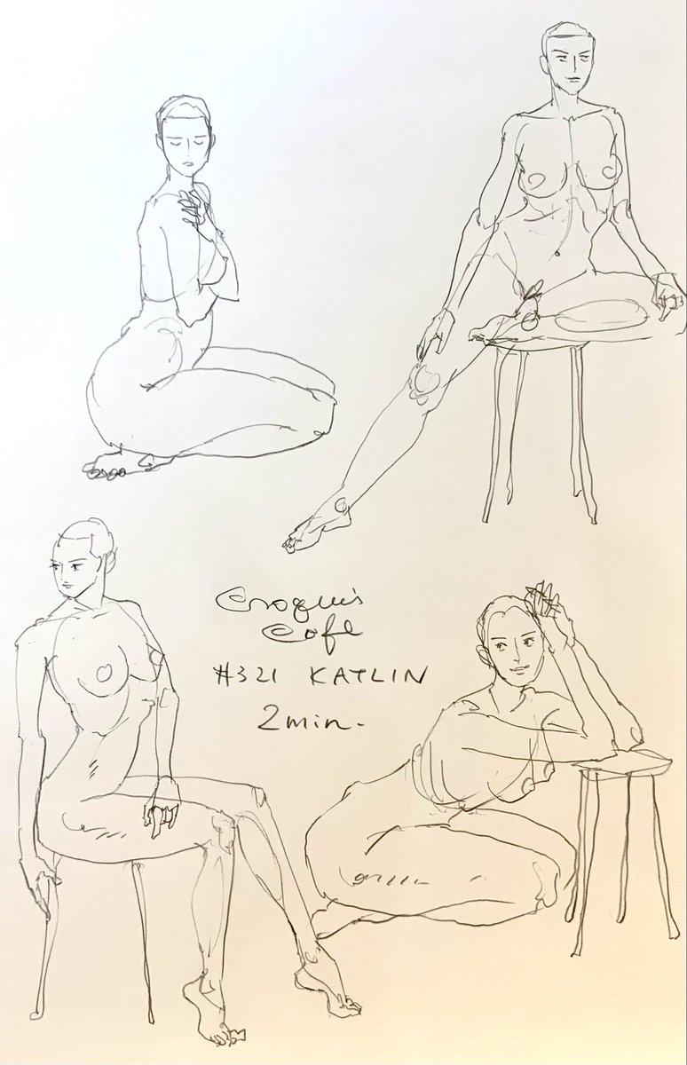 #croquiscafe 
321 Katlin
5分ポーズは1分ポーズから拝借してきましたが、こういう緊張関係でバランスをとってるポーズっていいですよね。5分は無理ですが。 