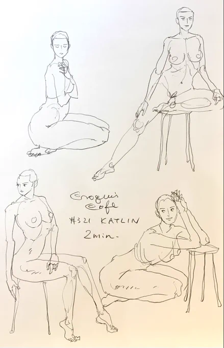 #croquiscafe 
321 Katlin
5分ポーズは1分ポーズから拝借してきましたが、こういう緊張関係でバランスをとってるポーズっていいですよね。5分は無理ですが。 