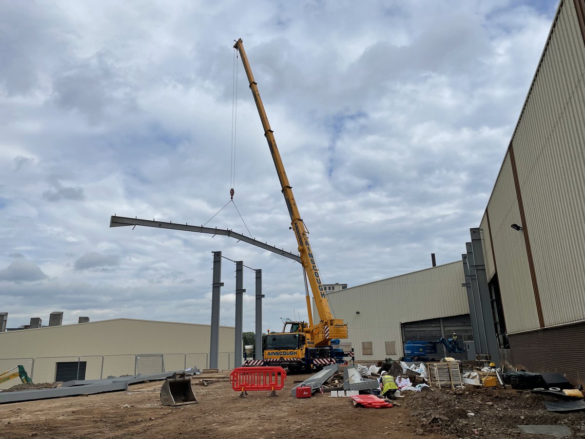 HCN_Ltd's tweet photo. The Steel Portal Frame has started to take place this week on our site over in Manchester, thanks to @Ainscough_ 
#steelportalframe #construction #designandbuild https://t.co/mGzFmRaALx