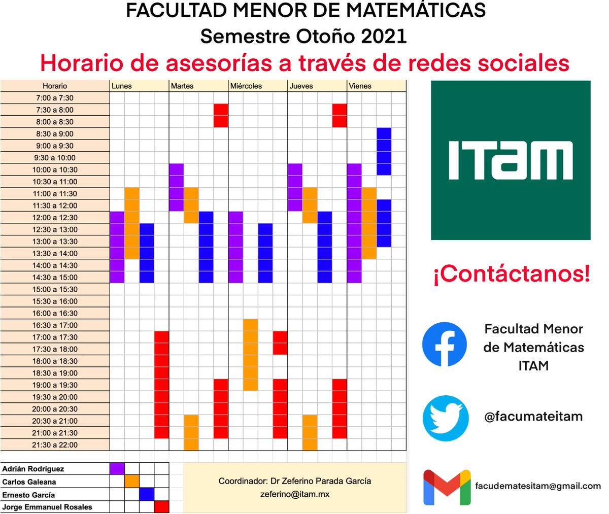 facumateitam's tweet photo. Les compartimos nuestros horarios de asesorías y las redes sociales en donde nos pueden contactar si tienen dudas sobre alguna de sus materias de matemáticas.

¡Les deseamos a todos un excelente inicio de semestre! https://t.co/9HzRq6kLtj