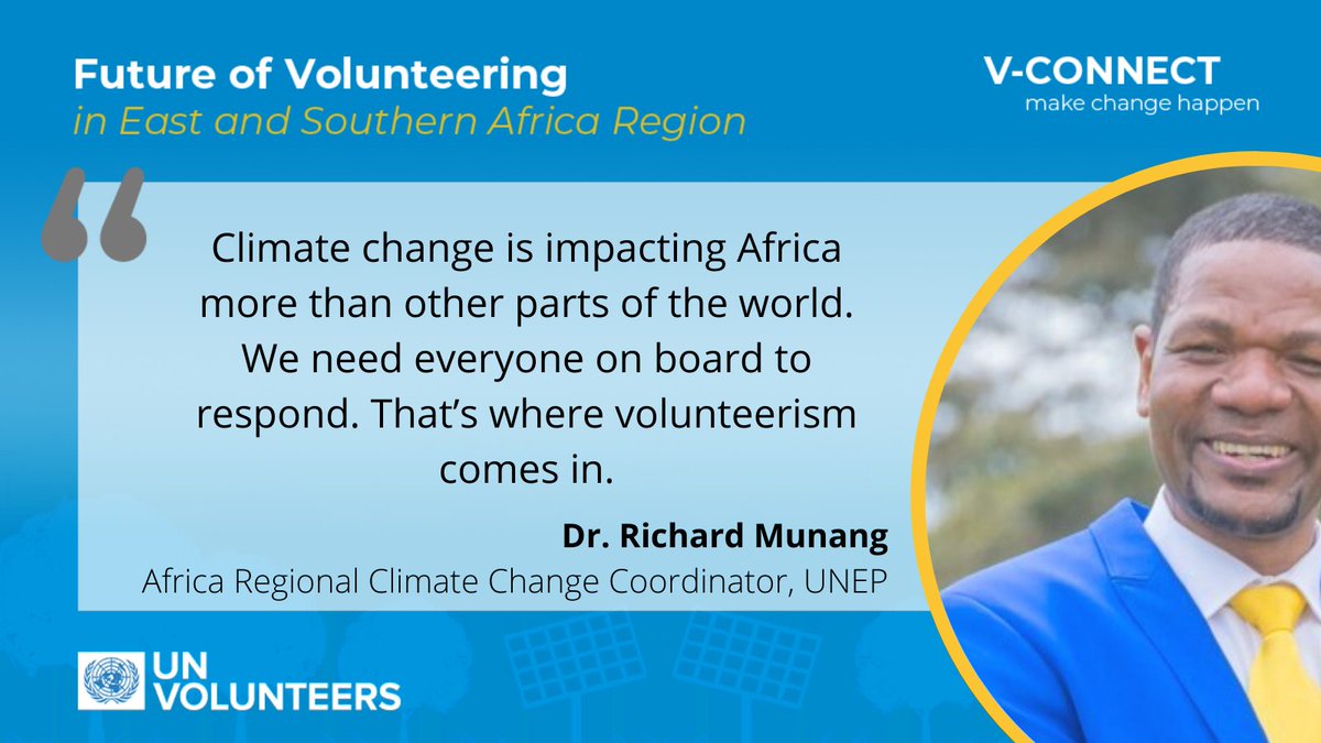 Dr. Richard Munang, Regional Climate Change Coordinator <a href="/UNEP_Africa/">UN Environment Programme in Africa</a> reminded us that climate change is impacting #Africa more than any other part of the world, and we need a whole-of-society approach to respond.

#FutureofVolunteering