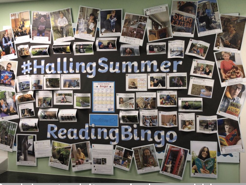 HallingSch's tweet photo. 📚📕📖Well done to all our children and staff who have been joining in with our #HallingSummerReadingBingo and to all the authors who have kindly posted their reading pictures! Here’s the first of our reading displays - our Twitter display! 📖📕📚#readingforpleasure https://t.co/hhQ17YwZyi