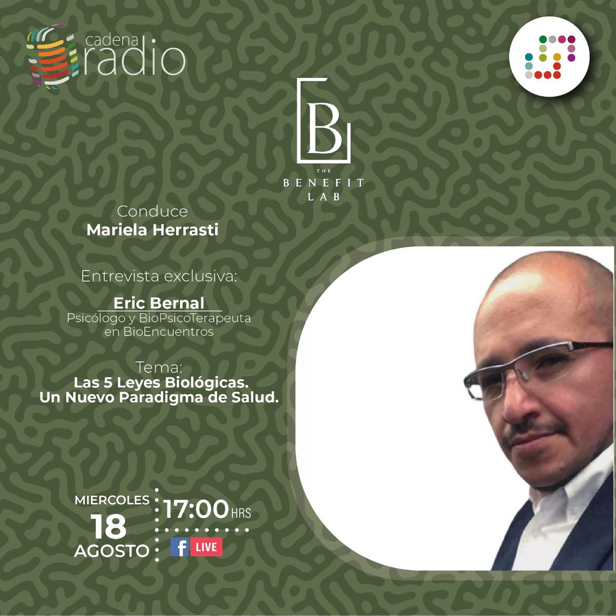 CadenaRadioMx's tweet photo. No te pierdas #TheBenefitLab todos los miércoles a las 17:00 hrs. a través de la señal de FBLive
https://t.co/IV50RJXE0o

Entrevista con Eric Bernal
Conduce: Mariela Herrasti 
#programas #envivo #cadenaradio https://t.co/O4WAegPyXf