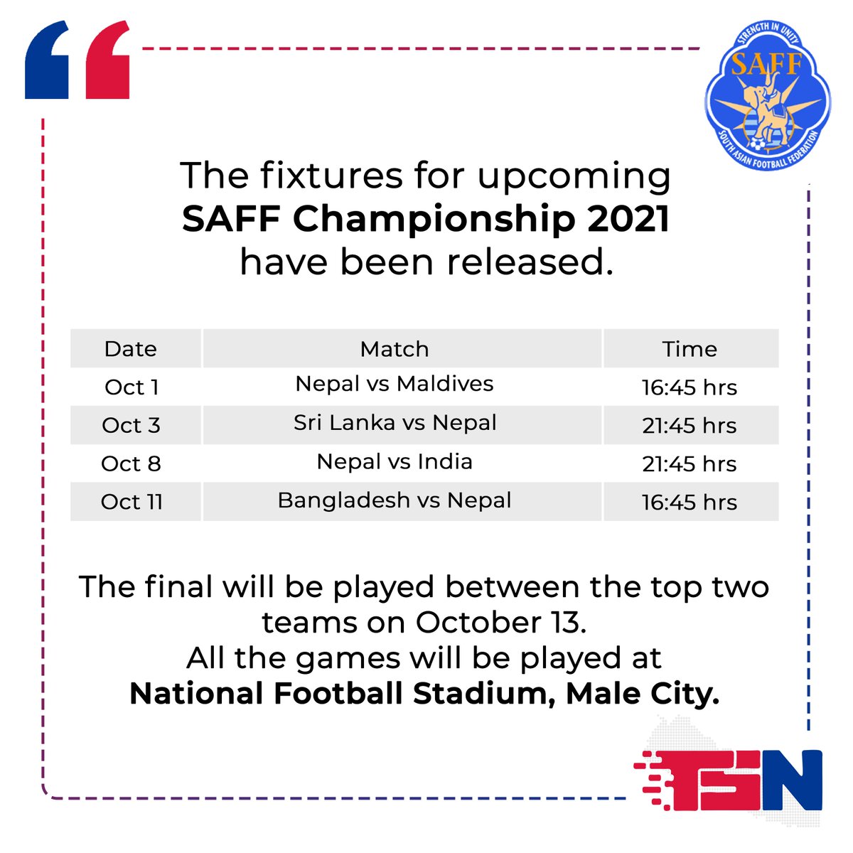 After the suspension of Pakistan and withdrawal of Bhutan, the format was changed from group and knockout stage to a single group round-robin format where the top 2 teams advance to the final.

#SAFF #saffchampionship #SAFF2021 #ANFA #NepalFootball #FootballNepal #Nepal #NEPvIND