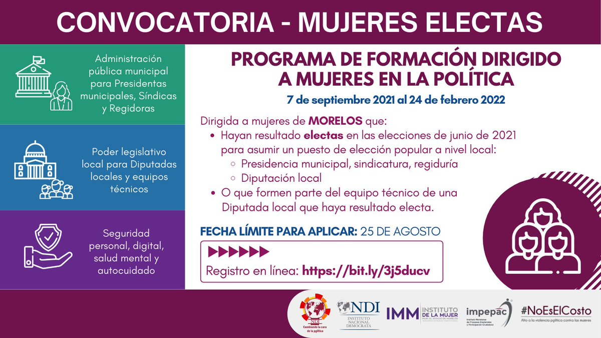 Presentación de la convocatoria del Programa de Formación para Mujeres en la Política. 
Organizado en conjunto por: @impepac, @IMMORELOS, @NDIMx
#NoEsElCosto #CambiandoLaCaraDeLaPolírica #NotTheCost #ChangingTheFaceOfPolitics
#Video 👇
fb.watch/7rTX4o-aKh/
✅ REGISTRO EN LÍNEA