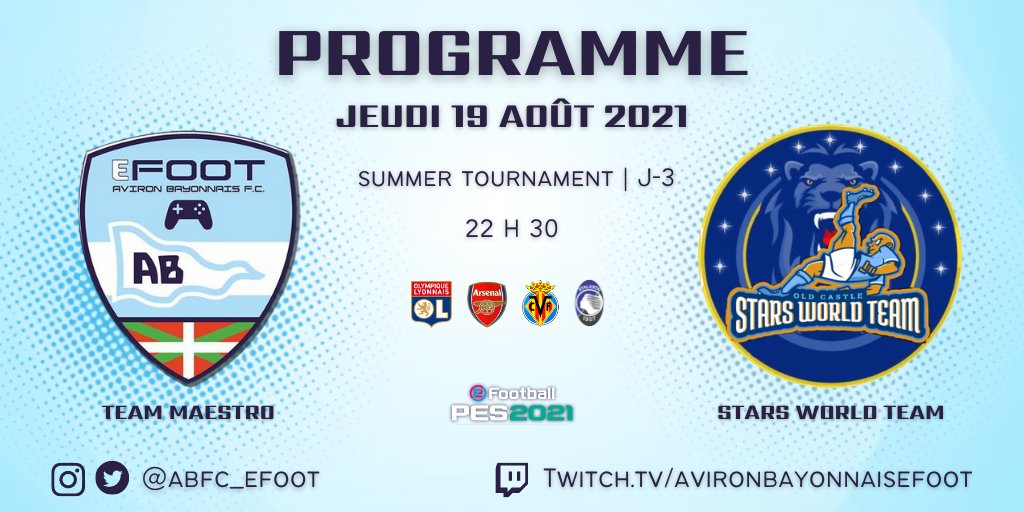 Calendrier <a href="/abfc_eFoot/">ABFC eFoot</a>

Match jeudi 19 août 2021 à 22h30 contre Stars World Team à suivre sur notre chaîne <a href="/TwitchFR/">Twitch FR</a>

3ème journée Summer Tournament by @E_football_T @DICARAGiuseppe3

#eFootballPES2021 <a href="/officialpes/">officialPES - Inactive</a> #eFootballPES2021SEASONUPDATE#league10vs10

📷 By <a href="/JoPap64/">JOPAP</a>