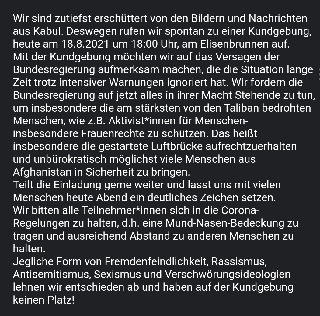Gleich um 18 Uhr findet am Elisenbrunnen in #Aachen eine Kundgebung anlässlich der Situation in #Afghanistan statt! Aufruf siehe unten!