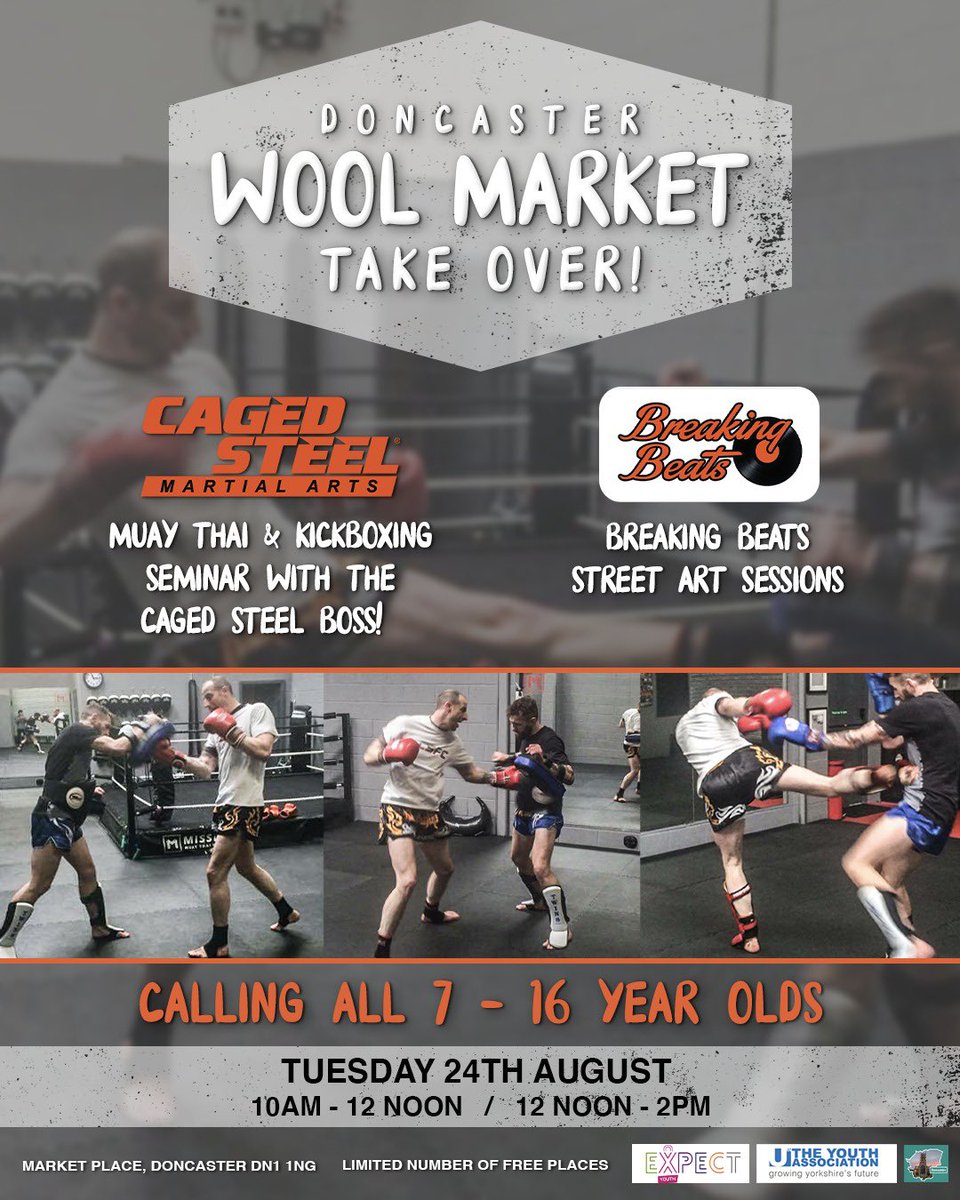Doncaster Wool Market Takeover!! Free event in the town centre ☀️

📆Tuesday 24th August
⏰10am to 2pm

@cs_martialarts will be providing martial arts sessions with <a href="/BreakingBeatsdn/">Breaking Beats</a> &amp; their street art.
Sign up to secure a place! 
cagedsteelmartialarts.co.uk/doncaster-wool…

#doncasterisgreat
