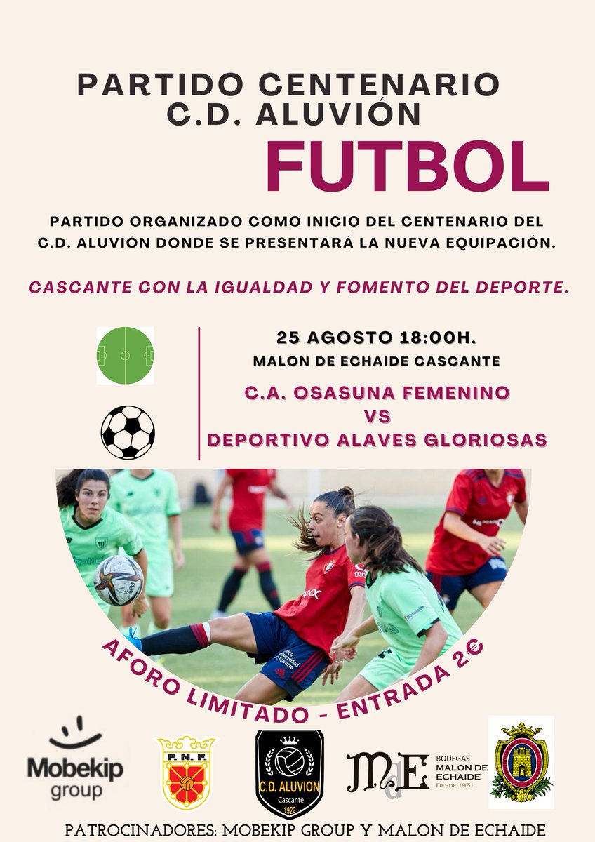 El pistoletazo de salida de esta ilusionante temporada del centenario, será un encuentro de Fútbol Femenino.
<a href="/MalondeEchaide/">Malón de Echaide</a> <a href="/fedfutnavarra/">Federación Navarra de Fútbol</a> <a href="/CAOsasuna/">CAOsasuna</a> <a href="/Alavegloriosas/">alavesgloriosas</a> @mobekipgroup <a href="/AytoCascante/">Ayto. Cascante</a>