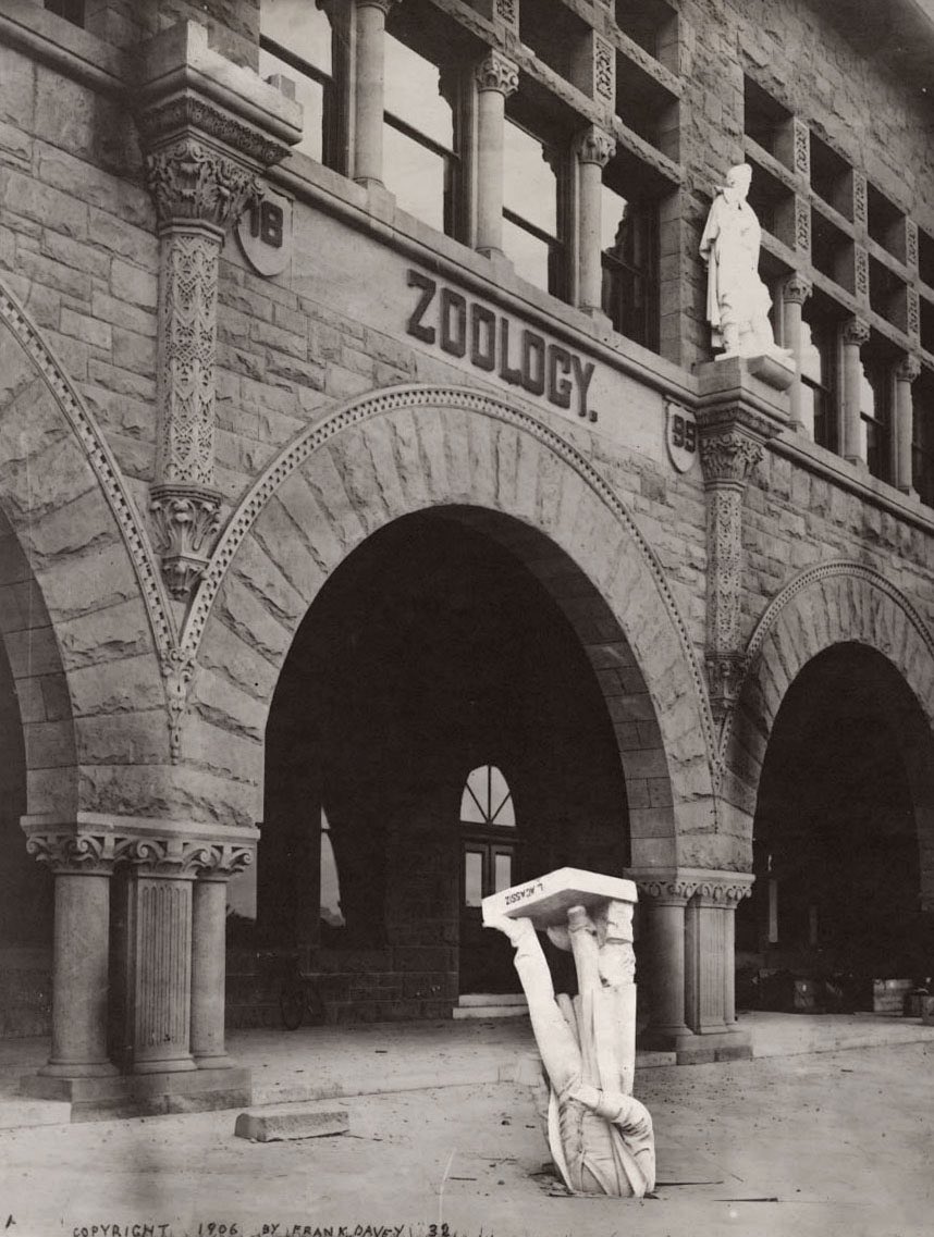 The statue of louis agassiz, a Swiss-American biologist, after the 1906 San Francisco earthquake.