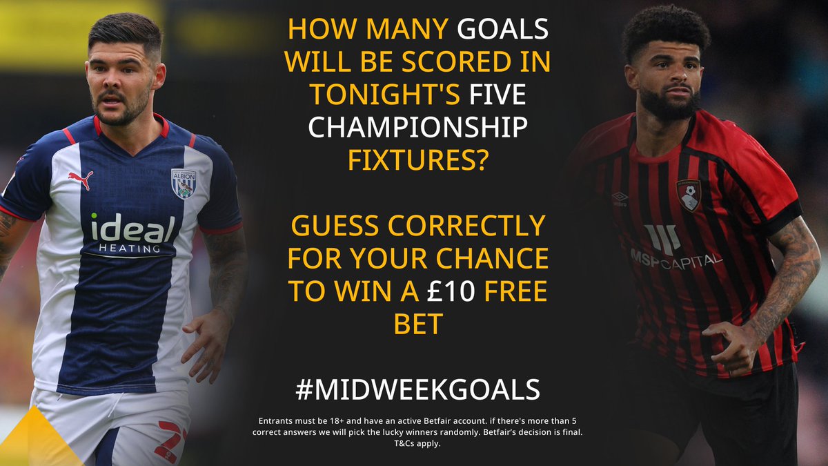 🎁 FIVE £10 free bets to giveaway on tonight's EFL action in the Championship. ⚽ Just RT and reply with your guess for how many goals will be scored across the five games. ✅ E.g 14 👇 We'll pick the lucky winners tomorrow morning. #MidweekGoals