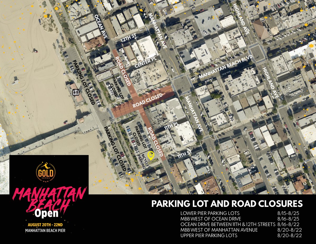 citymb's tweet photo. STREET &amp; PARKING LOT CLOSURES⚠️ Heads up #manhattanbeach! Due to the #manhattanbeachopen, there will be street &amp; parking closures through Wednesday, August 25. Please refer to the event map for details. #manhappenings #avp @avpbeach @mbparksandrec https://t.co/AYGoANwHC0