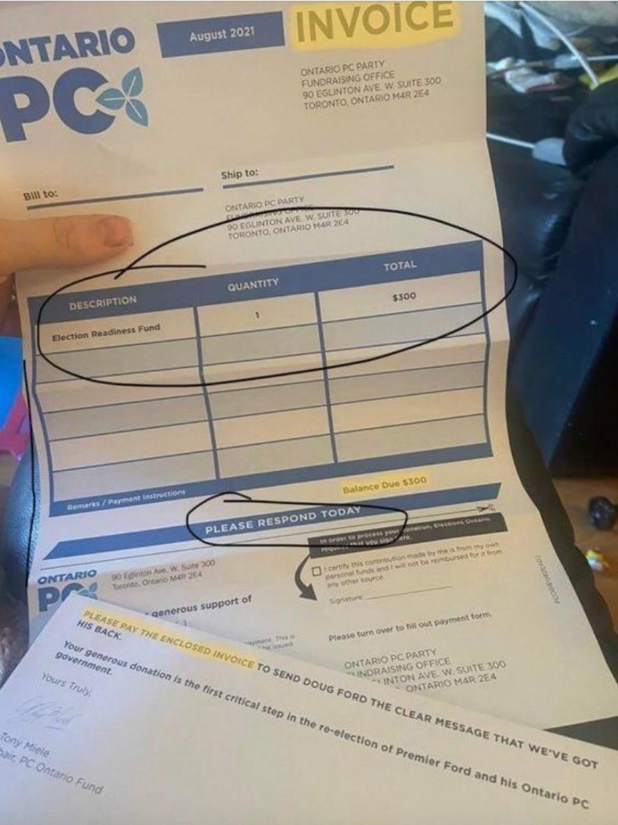 OntarioNDP's tweet photo. Now Doug Ford’s PCs are using scammer tactics to try to dupe seniors and vulnerable Ontarians out of their money. Gross. #ONpoli https://t.co/UY2KzFoqXZ