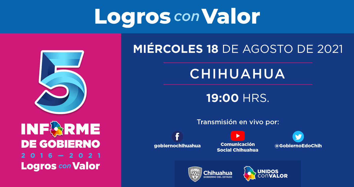 GobiernoEdoChih's tweet photo. 🗣️ Sigue la transmisión del 5º Informe
Están todas y todos invitados a acompañar el 5º Informe de Gobierno desde #Chihuahua capital, #Hoy miércoles 18 de agosto. La cita es a las 7 de la tarde, a través de nuestras redes sociodigitales.
#UnidosConValor https://t.co/BJXL664iRd