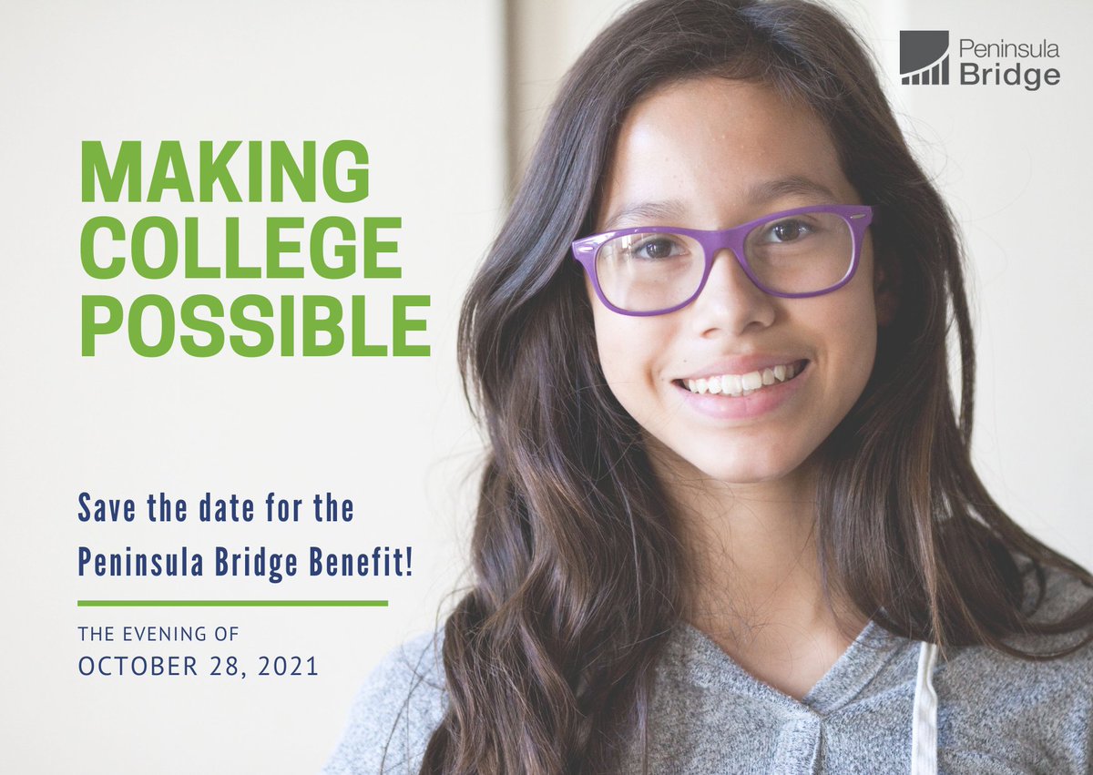 Mark your calendars! Peninsula Bridge's Annual Benefit is on Thursday, October 28th. 

Save the date for an evening of celebration and support, raising crucial funds to help our scholars on their path to becoming first-generation college graduates.
