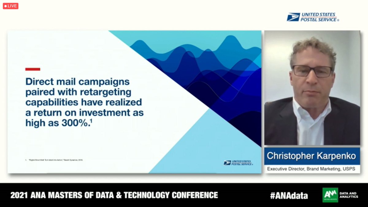 DAAUSA's tweet photo. Listening in to @USPS at #ANAdata - a first-party data solution that helps optimize #digital channels, welcome (again) to #personalized #directmail - brands are rediscovering a "mail moment" | Responsible #addressable media #DAAPrinciples https://t.co/u13pEzlpHl