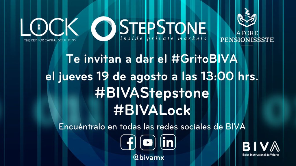 BIVAMX's tweet photo. #Mañana acompáñanos al #GritoBIVA que darán @stepstonegroup y @LockCapital para celebrar el listado del #CERPI series $LOCK3PI21 y $LOCK3PI21-2 en @BIVAMX!
Sigue nuestra transmisión en vivo por nuestras redes sociales y grita con nosotros ¡#BIVAStepStone! ¡#BIVALock! https://t.co/FQ9WFDRJxL
