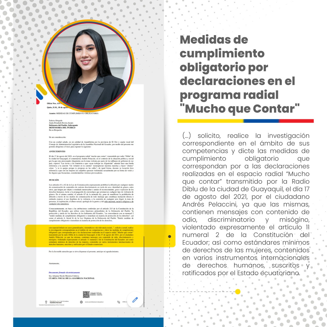 johannamoreirac's tweet photo. Solicité a @DEFENSORIAEC que investigue y dicte las medidas de cumplimiento obligatorio que correspondan por las declaraciones de @AndresPellacini en el programa “Mucho que Contar” de @RadioDibluFM. Condenamos estos mensajes con contenido de odio, discriminatorio y misógino ❌. https://t.co/CrkHsRNK4c