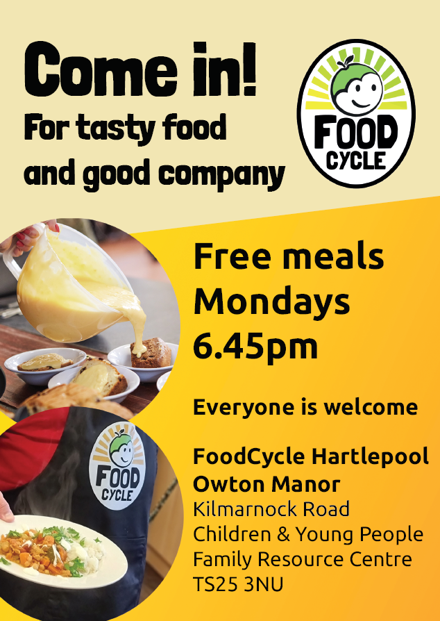 Thirteen_Group's tweet photo. If you're in Hartlepool, @foodcycle offers free meals on Mondays. 

Have a look at the poster for details or head to Kilmarnock Road Resource Centre.

For more info: www. https://t.co/5ODqhxEibL. uk, email: owtonmanor@foodcycle.org.uk or call 02077 292 775.

Everyone's welcome! https://t.co/0TjwRp5dUK
