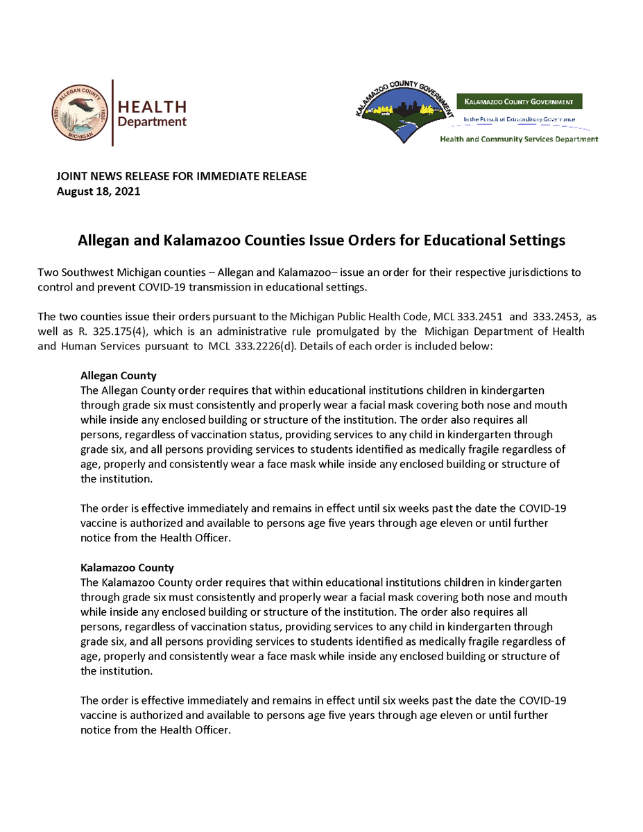 KzooCountyHCS's tweet photo. The Kalamazoo County Health &amp; Community Services Department, pursuant to the Michigan Public Health Code, has issued a public health order requiring masks be worn by students from Kindergarten through 6th grade. To read the full release visit our website: https://t.co/vH7p9OP4no https://t.co/JWM3ZlVAEM