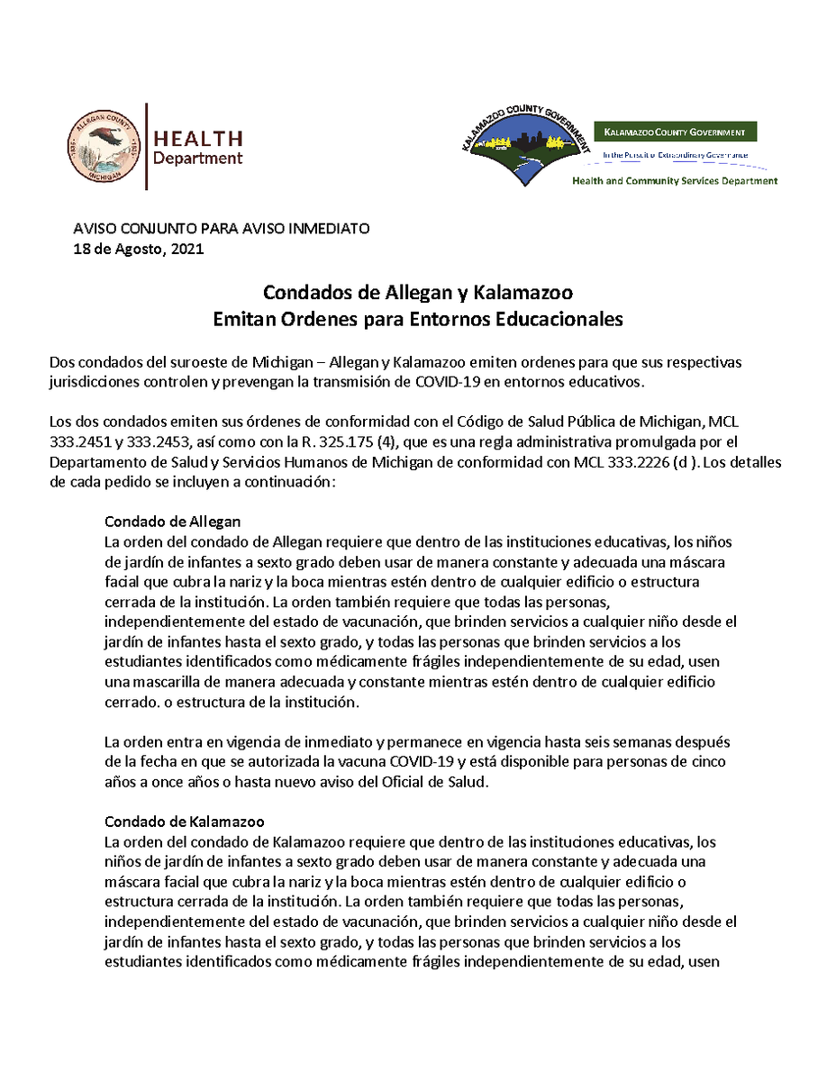 KzooCountyHCS's tweet photo. The Kalamazoo County Health &amp; Community Services Department, pursuant to the Michigan Public Health Code, has issued a public health order requiring masks be worn by students from Kindergarten through 6th grade. To read the full release visit our website: https://t.co/vH7p9OP4no https://t.co/JWM3ZlVAEM