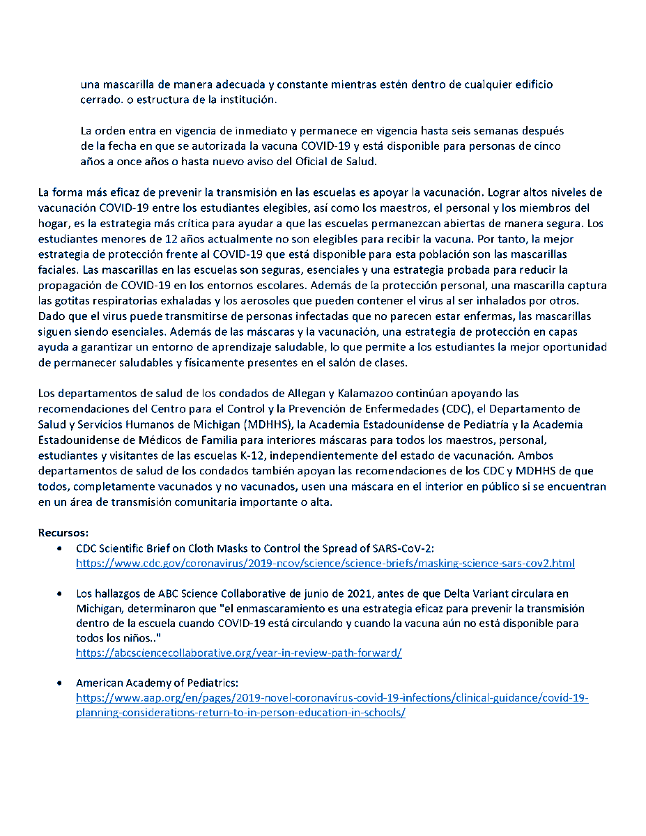 The Kalamazoo County Health &amp; Community Services Department, pursuant to the Michigan Public Health Code, has issued a public health order requiring masks be worn by students from Kindergarten through 6th grade. To read the full release visit our website: kalcounty.com/covid19