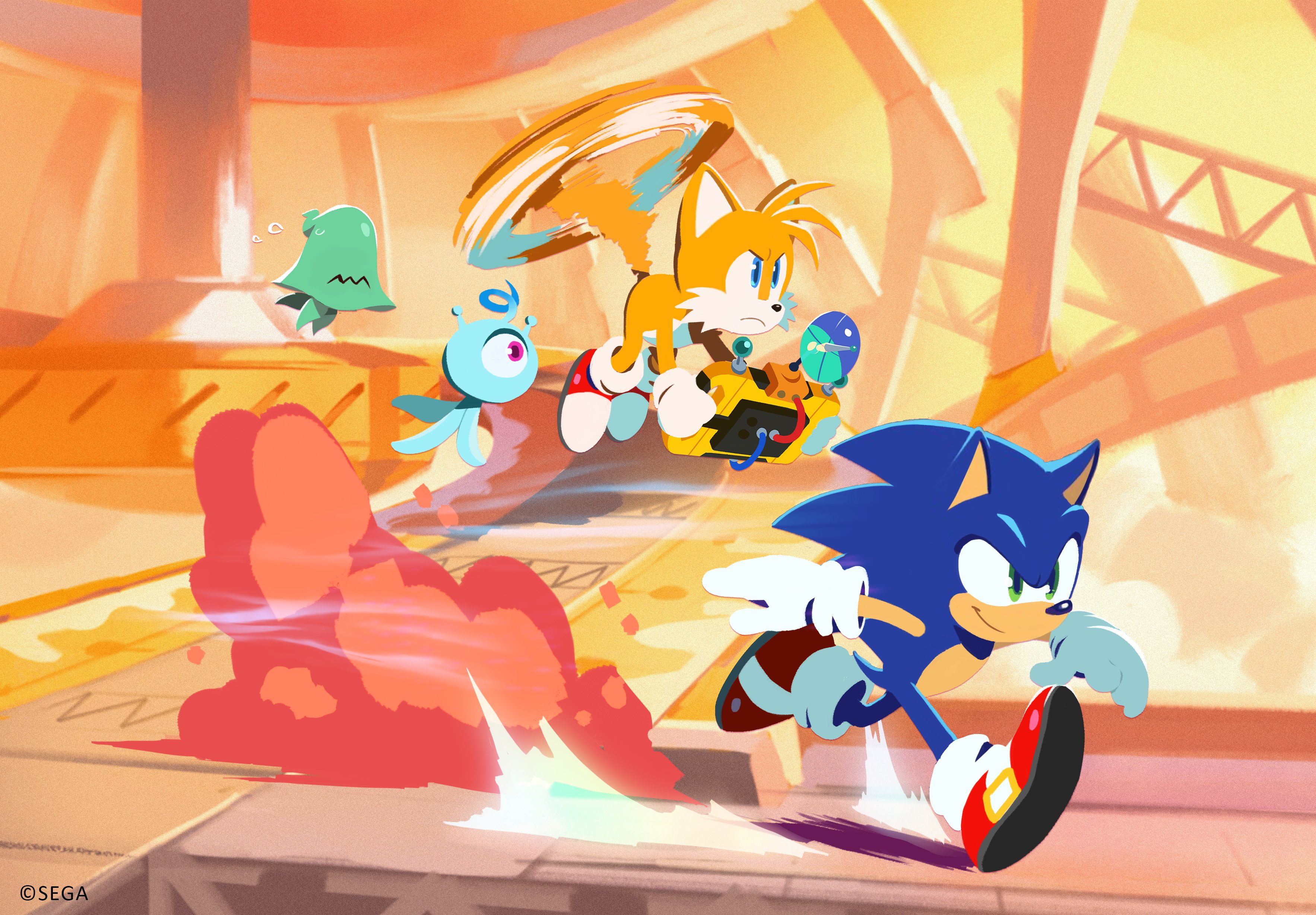 Sonic, Tails, Yacker, and the Jade Ghost wisp running through Sweet Mountain