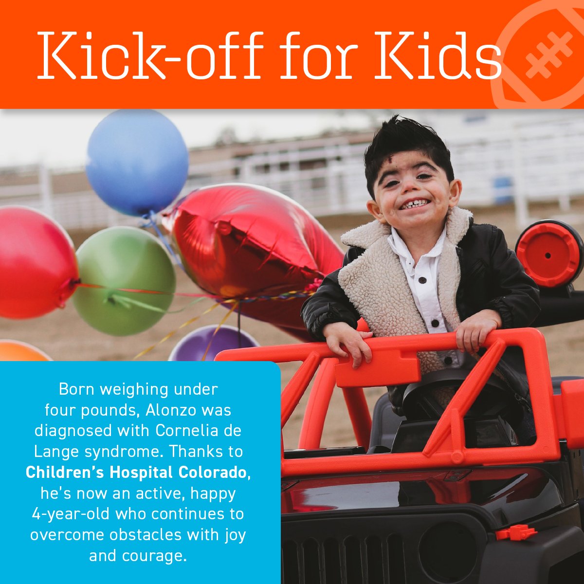 canvasfamily's tweet photo. Our annual #KickoffForKids charity fundraiser is back & you could win Broncos suite tickets! Letβs team up to raise money for @ChildrensColo and help children, like Alonzo, get premium care. Donate at any Canvas branch or call 303.691.2345 -- Learn more: https://t.co/WmoC5mJ2rN https://t.co/irGxIExmbl