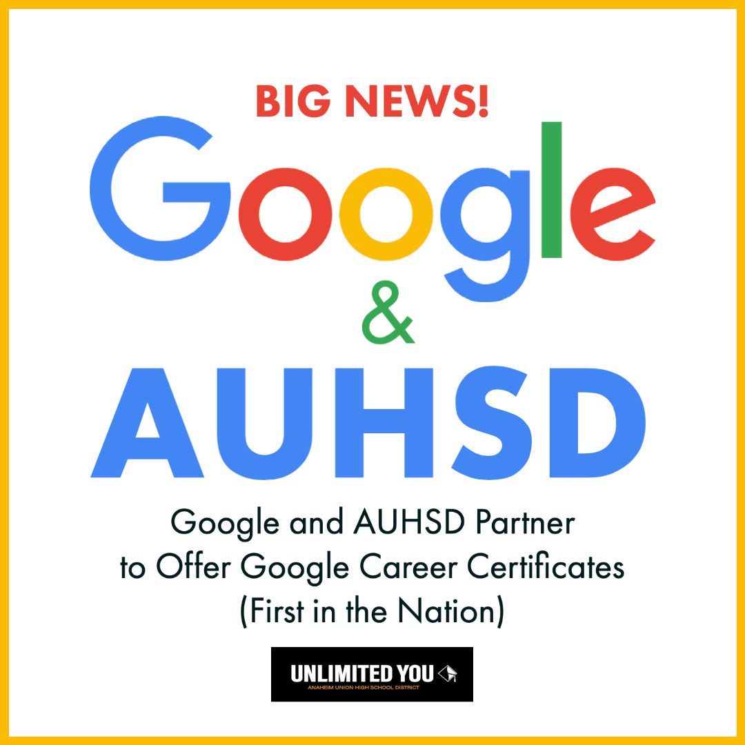 AUHSD BECOMES FIRST PUBLIC SCHOOL DISTRICT TO OFFER @GOOGLE CAREER CERTIFICATES
AUHSD is excited to offer three Google Career Certificates in the fields of Data Analytics, IT Support, and Project Management. #GrowWithGoogle

Learn more at: buff.ly/3xRDsW9