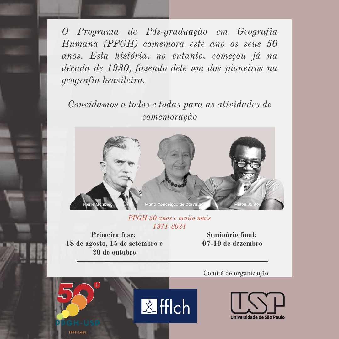 PPGH 50+: 50 anos de institucionalização do Programa de Pós-graduação em Geografia Humana da USP

Para mais informações sobre o evento: ppgh.fflch.usp.br/celebracao-50-…