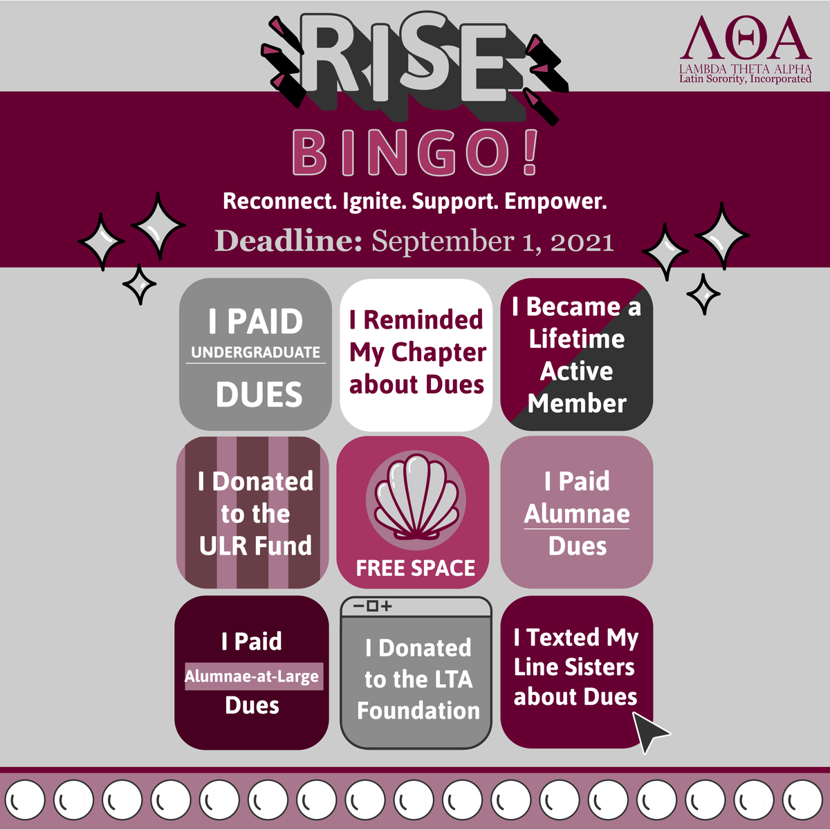 LTA1975's tweet image. ❌ Marks the Spot! Let’s have some fun and play RISE Bingo! Repost this bingo card and mark all the boxes that apply! Remember, the deadline to pay your dues is September 1 at 11:55 p.m. ET. 

#BeActive. Visit: bit.ly/3zNdXXg 🔗 #LTA1975 #LifetimeCommitment #WeOutside