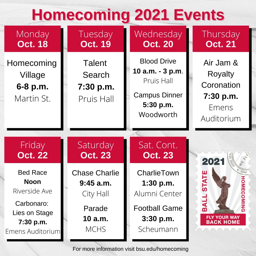 BSUhomecoming's tweet image. Fly Your Way Back Home ❤️⁣
⁣
See you all October 18-23 for Homecoming 2021!!
