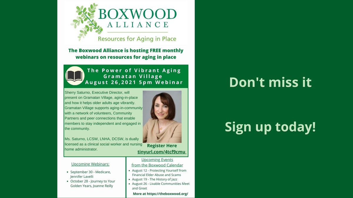 BoxwoodAlliance's tweet photo. Reserve your spot for The Boxwood Alliance free August  webinar – The Power of Vibrant Aging, Gramatan Village
https://t.co/Hv74Z8Caig

#WestFairRides #WeGetYouThere #TheBoxwoodAlliance #AgingInPlace #Westchester #Aging #GramatanVillage https://t.co/KDlknkG5RB
