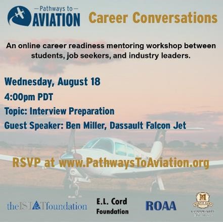 Today's 4pm PDT aviation careers workshop shares tips on preparing for job interviews. We'll also meet a leader from Dassault Falcon Jet. RSVP at PathwaysToAviation.org. #aviation #aircraft #maintenance #Dassault <a href="/DassaultFalcon/">Dassault Falcon</a> #careers #STEM