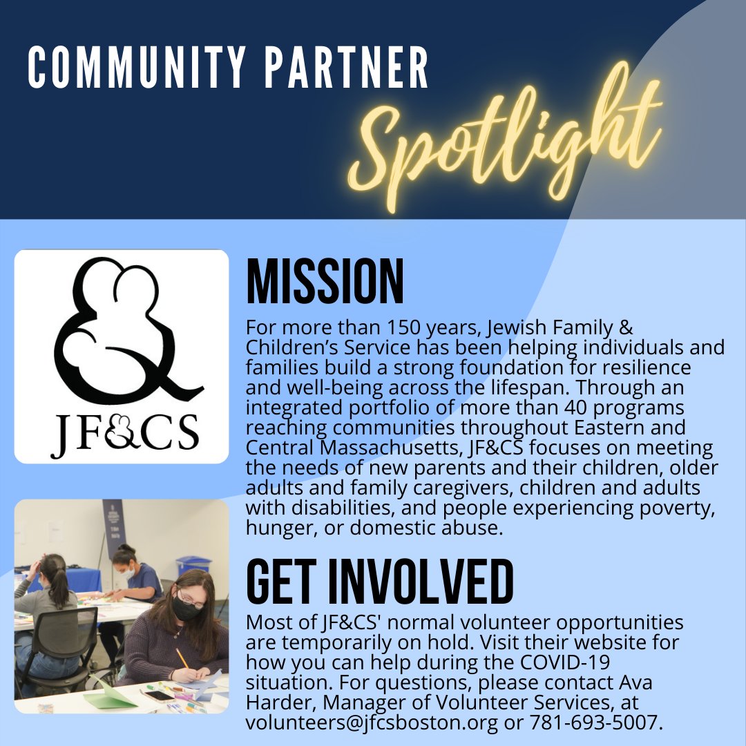 #SUCommunityPartnerSpotlight: <a href="/jfcsboston/">jfcsboston</a> focuses on meeting the needs of new parents and their children, older adults and family caregivers, children and adults with disabilities, and people experiencing poverty, hunger, or domestic abuse: bit.ly/3yd975d