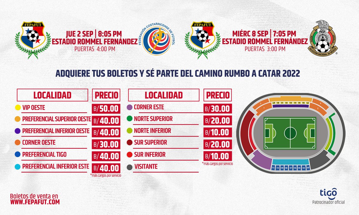 ¡BOLETOS 🎟️ A LA VISTA 👀! 

Ya están a la venta los boletos para los primeros partidos de #PanamáMayor, en el Rommel, ante 🇨🇷 y 🇲🇽 por el Octagonal Final.

Ingresa a bit.ly/3CW5xzp y adquiere el tuyo. 

¡Importante! Debes estar vacunado para poder asistir al estadio 🏟️.