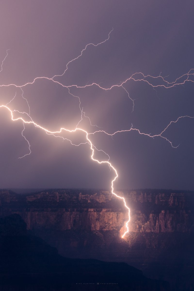 MikeOlbinski's tweet photo. Sometimes nailing only one good shot after chasing 10 hours is all you need. Immediately an all-time favorite of mine. Will share the wide angle down the road. From yesterday evening at the @GrandCanyonNPS. Titled 'The Cliffs of Insanity'  #azwx @canonusa https://t.co/A5APbnEcad