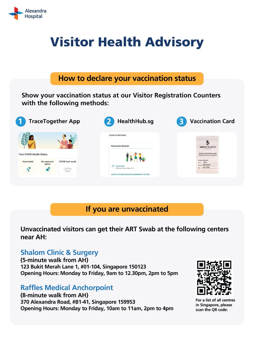 AlexHospSG's tweet photo. From 19 Aug 2021, unvaccinated visitors need to self-pay pre-ART for COVID (valid and -ve) at external ART Centres. We will provide self-pay onsite swabs to only carers of special-category patients. These visitors are either unvaccinated and/or wish to stay for longer than 30 min https://t.co/LOEh8SBitm