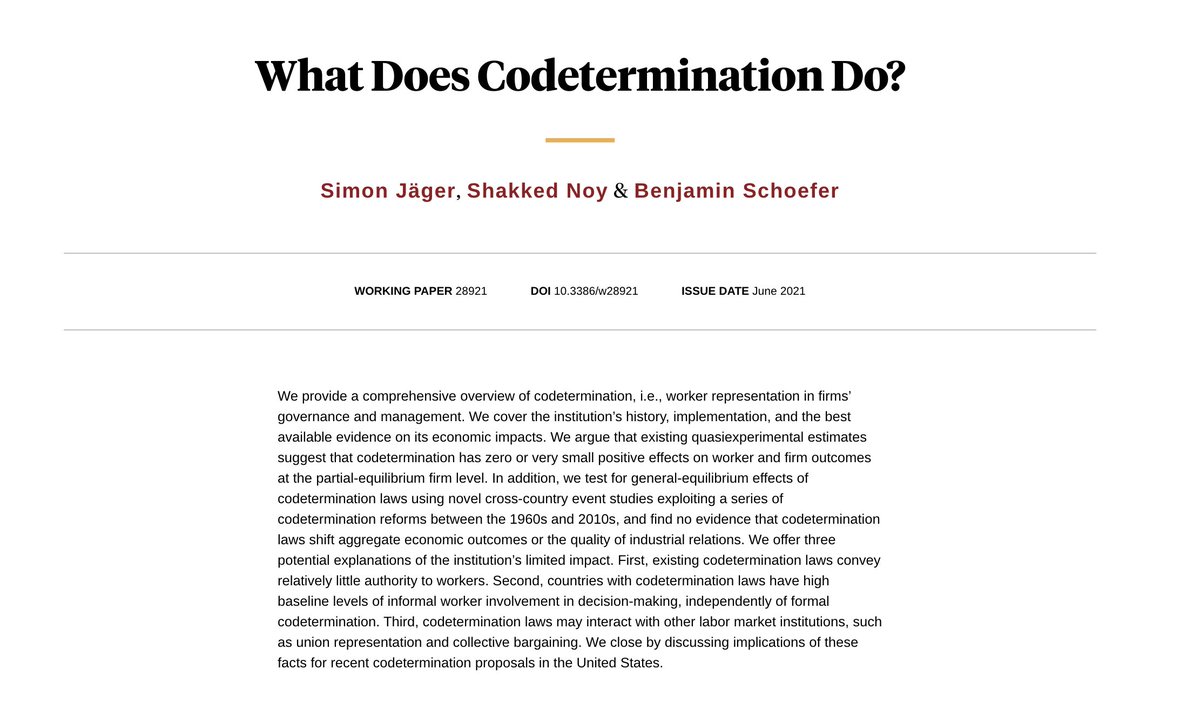 LEPossibility's tweet image. Existing #codetermination laws were passed largely in European countries, where pro-labor institutions already exist.

It&apos;s possible that the low-hanging fruit of codetermination&apos;s impact are already plucked.

In the US, results may be different.

nber.org/papers/w28921?…