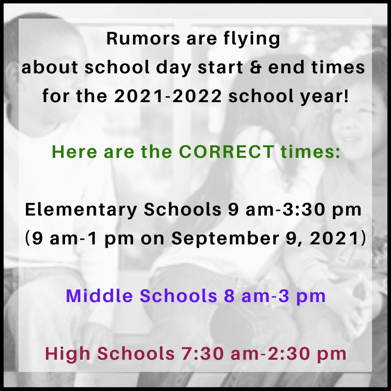 ChpsTweets's tweet photo. Rumors are flying about school day start and end times for the 2021-2022 school year! Here are the CORRECT times:
Elementary Schools 9am-3:30pm (9am-1pm on Sept 9, 2021)
Middle Schools 8am-3pm
High Schools 7:30am-2:30pm
More info on "The Road Forward" https://t.co/iAZWZSWEaB https://t.co/V2P60dih0E
