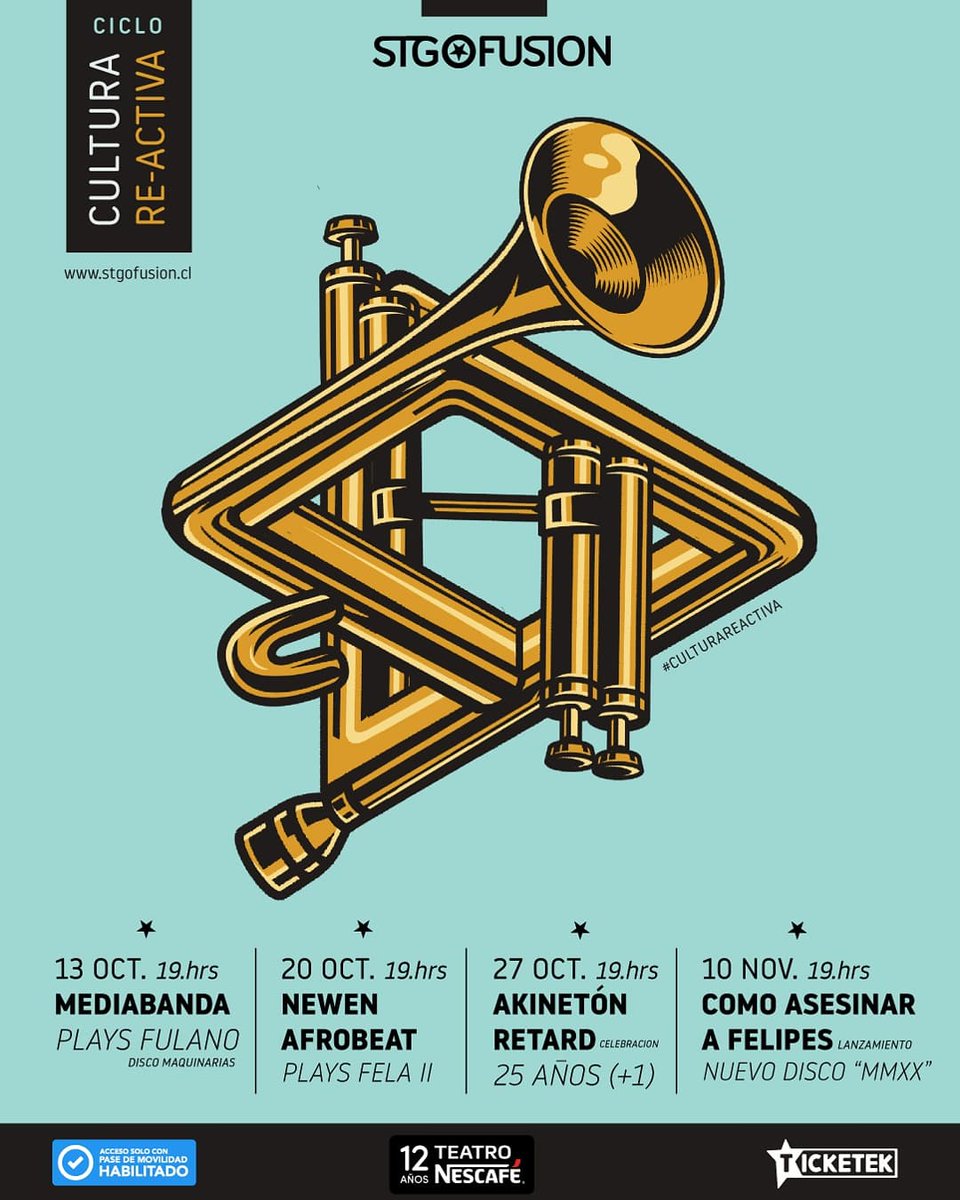 El retorno de la música en vivo es un imperativo y un instinto de supervivencia. Nosotros vivimos de esto y esperamos que ustedes también. Volvemos con todo y en grande. <a href="/stgofusion/">Santiago Fusion</a> <a href="/mediabanda_/">Mediabanda</a> <a href="/operacionCAF/">CAF</a> <a href="/akinetonretard/">Akinetón Retard</a> <a href="/NewenAfrobeat/">Newen Afrobeat</a> <a href="/teatronescafe/">Teatro de las Artes</a> #culturareactiva